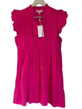 Caroline Constas Ruffle Sleeve V-Neck Tiered Mini Dress Hot Pink Small  NWT